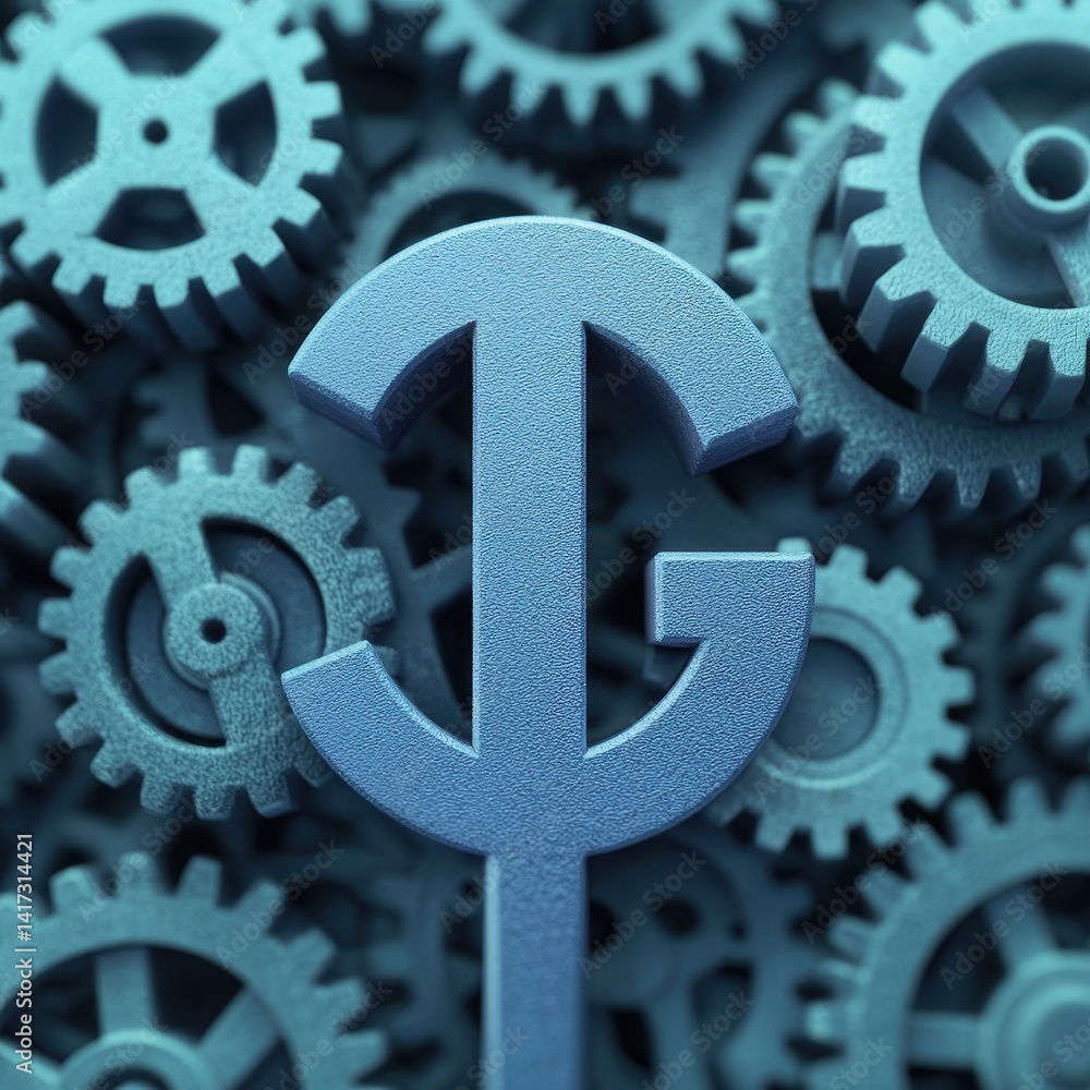 Poster blue symbol on background of interconnected gears and cogs