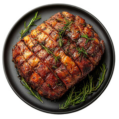 Top view of a delicious looking Schwäbischer Rostbraten on a dark plate isolated on a white transparent background
