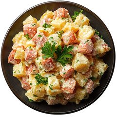 Top view of a delicious looking Schwäbischer Wurstsalat on a dark plate isolated on a white transparent background

