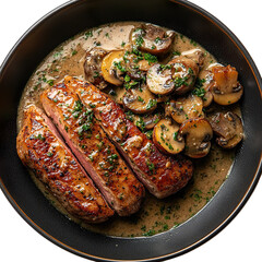 Top view of a delicious looking Schweinefilet mit Champignonrahmsauce on a dark plate isolated on a white transparent background