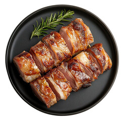 Top view of a delicious looking Schweinehaxe on a dark platter isolated on a white transparent background