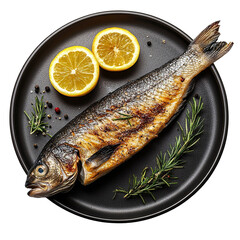 Top view of a delicious looking Steckerlfisch on a dark plate isolated on a white transparent background
