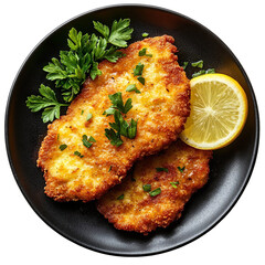 Top view of a delicious looking Wiener Schnitzel on a dark plate isolated on a white transparent background