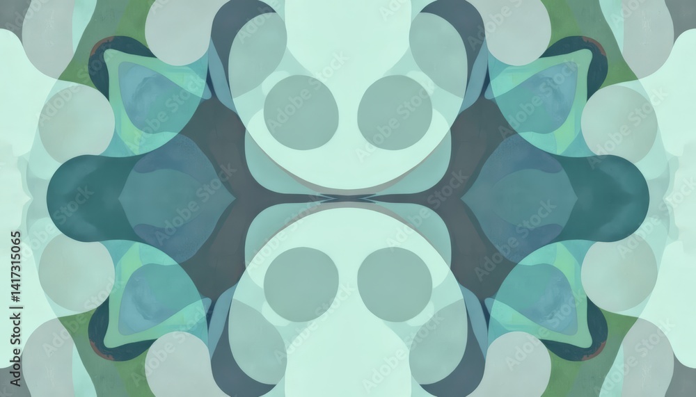 Poster abstract symmetrical pattern with fluid shapes in shades of green blue and teal creating a calming a