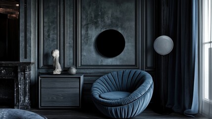Luxurious, dark room with statement chair and wall art.