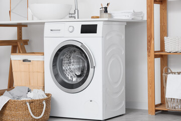 Washing machine with bath accessories and baskets in room