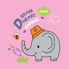 cute elephant and bee cartoon, best friend slogan with dream heart, t-shirt image for kids, vector illustration