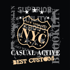 NYC New York City. casual active t-shirt print for t shirts applique, fashion slogan, badge, label clothing and jeans