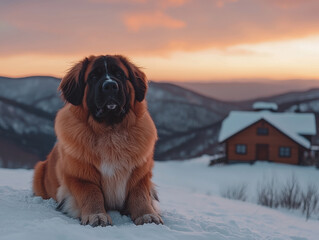St. Bernard dog sitting on snowy hill with sunset background photography