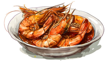 High-quality illustration of braised prawns isolated on white background for culinary designs