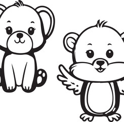 Two black and white vector illustrations are displayed in this screenshot. One illustration is a cute bear sitting and the other is a cartoon bear waving.