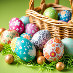 Fototapeta premium Colorful decorated eggs arranged on green grass near a wicker basket with fairy lights during a festive spring celebration