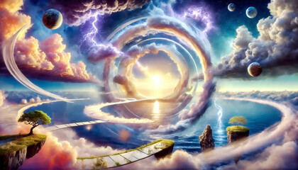 A surreal dreamscape with floating islands, swirling clouds, celestial bodies, lightning, and a radiant sunset over water, creating a cosmic, otherworldly atmosphere.