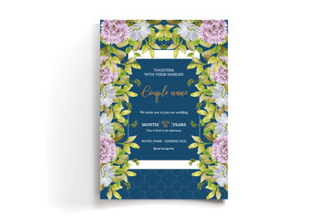 WEDDING INVITATION FRAME WITH FLOWER DECORATIONS AND FRESH LEAVES