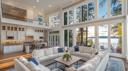 Fototapeta premium Bright open concept living room with kitchen and lake view