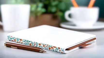 Notebook with pen on desk with mugs and plant in background