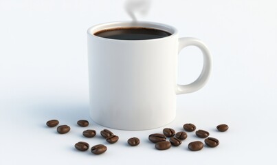 Obraz premium Steaming coffee mug, beans, white background; breakfast, website, menu