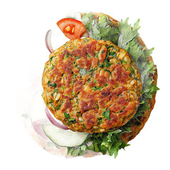 A vibrant lentil patty burger topped with fresh lettuce, tomato, onion, and cucumber, served on a whole-grain bun.