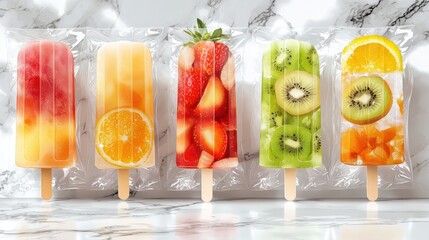Fototapeta premium Popsicles wrapped in wax paper with cute fruit stickers, packed for picnic