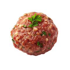 A single, round, raw meatball, seasoned with herbs and spices, ready for culinary preparation.