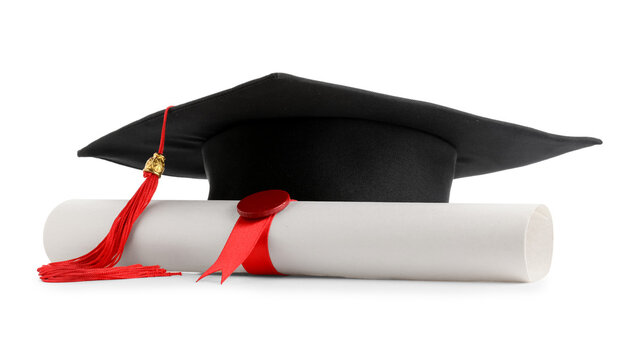 Graduation hat and diploma isolated on white background