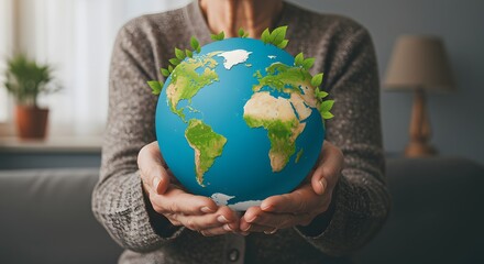 Hands Holding Earth Globe with Green Leaves - Environmental Conservation Concept