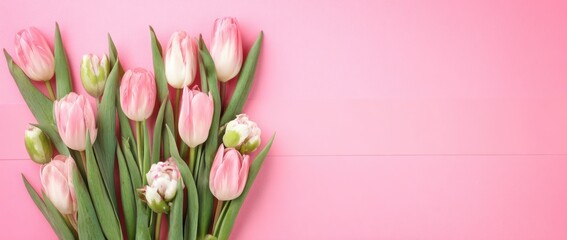 Obraz premium Tulips on a pink background, with a banner and copy space for text