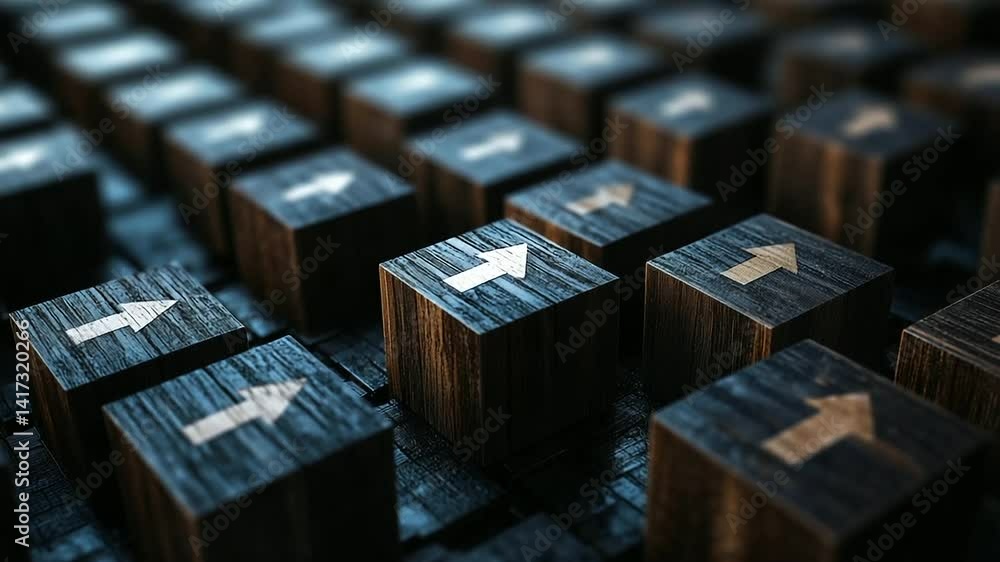 Poster a dramatic top-down view of wooden blocks with tiny arrows drawn between them, representing the visu