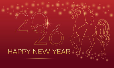 Happy new year 2026, gold numbers with golden Christmas decoration, symbol of the year Horse, glare and confetti on dark, red, blue background. Holiday card, banner design