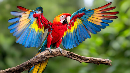 parrot spreading its wings while perched on a tree branch in a tropical jungle 