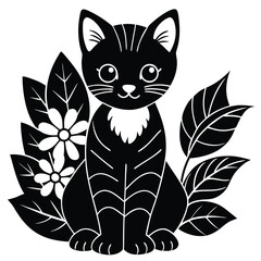 A cute black feline cartoon illustration depicts a kitty with a flower