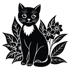 A cute black and white cat, a domestic pet, sits near a flower, a lovely feline illustration