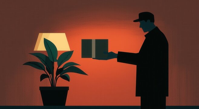 Delivery Person Handing Package to Home with Plant and Lamp Background