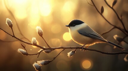 Small Bird on Tree Branch in Golden Sunset with Bokeh and Dreamy Forest Background in High Resolution