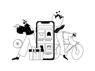 Naklejka premium Holiday shopping people doing e-commerce online shopping flat vector concept operation hand drawn illustration 