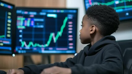 A focused African American boy sits at a desk with two monitors displaying stock market graphs and financial data, learning about investments and economics - Powered by Adobe