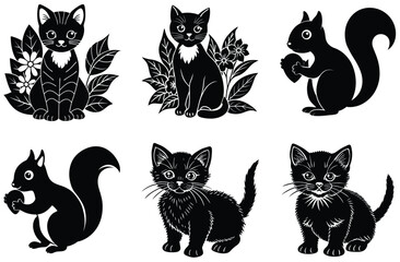 A cute cartoon set features a collection of black, white, and black and white cat silhouettes, perfect for feline design