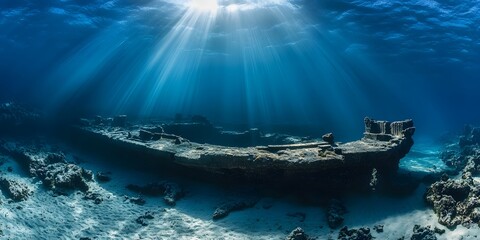 Fototapeta premium Sunbeams pierce deep blue water to illuminate submerged ancient ruins on sandy seabed in eerie underwater scene. 