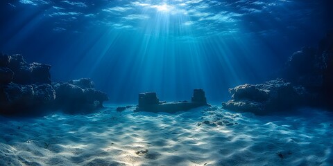 Fototapeta premium Sunbeams pierce deep blue water to illuminate submerged ancient ruins on sandy seabed in eerie underwater scene. 
