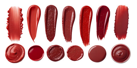 Shades of Crimson: A mesmerizing array of lipsticks showcases a spectrum of rich, red hues in carefully arranged swatches and circles, a visual symphony of color.