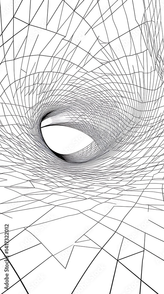 Poster wireframe mesh tunnel, black geometric grid on white, abstract technology backdrop