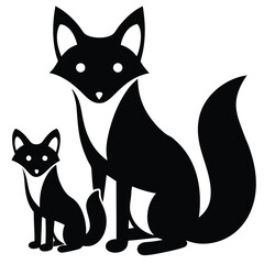 A cute set of black and white feline animal silhouettes, including a domestic cat and playful kitten, are featured in this artful vector illustration