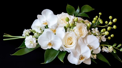 A classic wedding bouquet of white roses, orchids and peonies. 