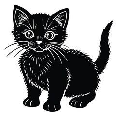 A cute, isolated black feline vector illustration depicts a domestic kitty sitting