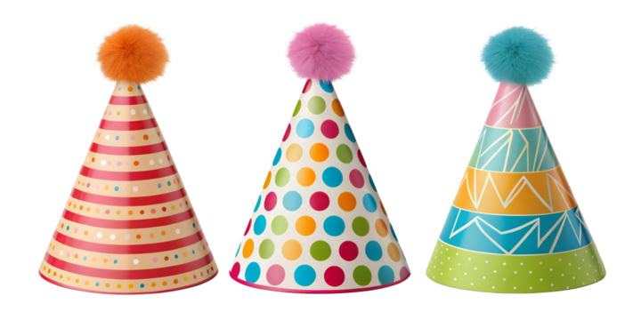 Party Hats Fun: Three colorful party hats, each with a unique design, are ready to add a touch of celebration to any event. The striped, polka-dot.
