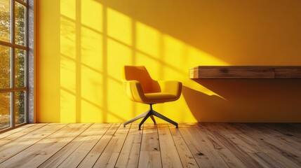 Yellow chair and desk grace a sunlit room interior