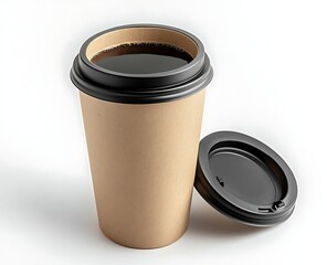 A coffee cup with the lid open, showing hot black coffee inside on a white background