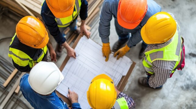 Overhead view of construction workers engineers at construction site