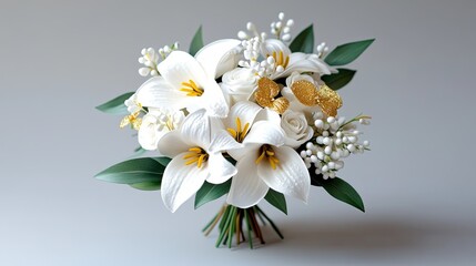 Obraz premium A luxurious wedding bouquet of white lilies, white roses and the addition of gold elements.