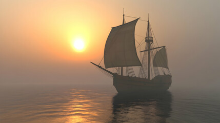 Mystical Voyage: A Historical Ship Sailing into the sunset Amidst the Sea Fog